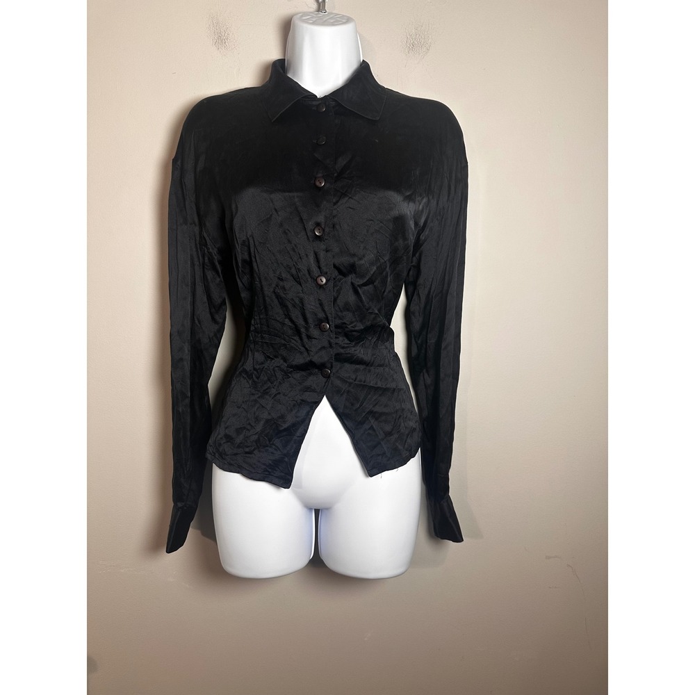 Barami Vintage Black 100% Silk Button Up Blouse Long Sleeve Cinched Waist Small